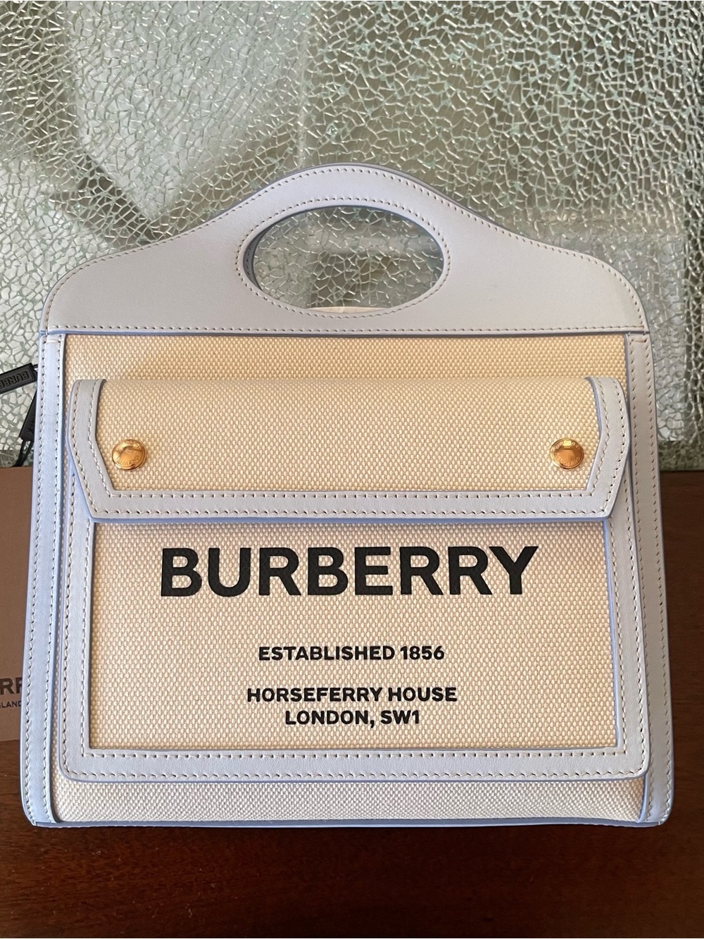 Burberry Two Tone Canvas Top-Handle Bag with Light Blue Leather Trim